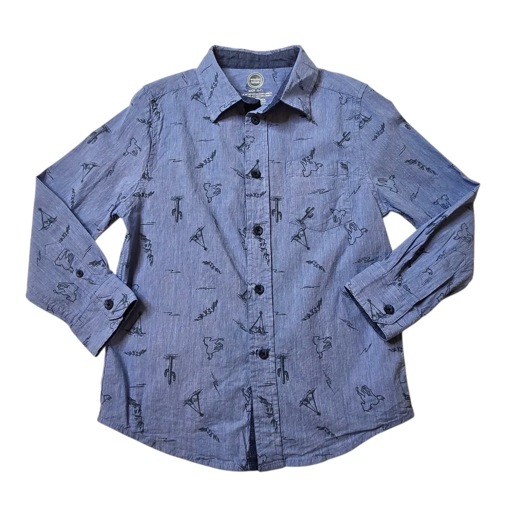 Wonder Nation Denim Blue Western Print Long Sleeve Button Down Shirt Boy's Small